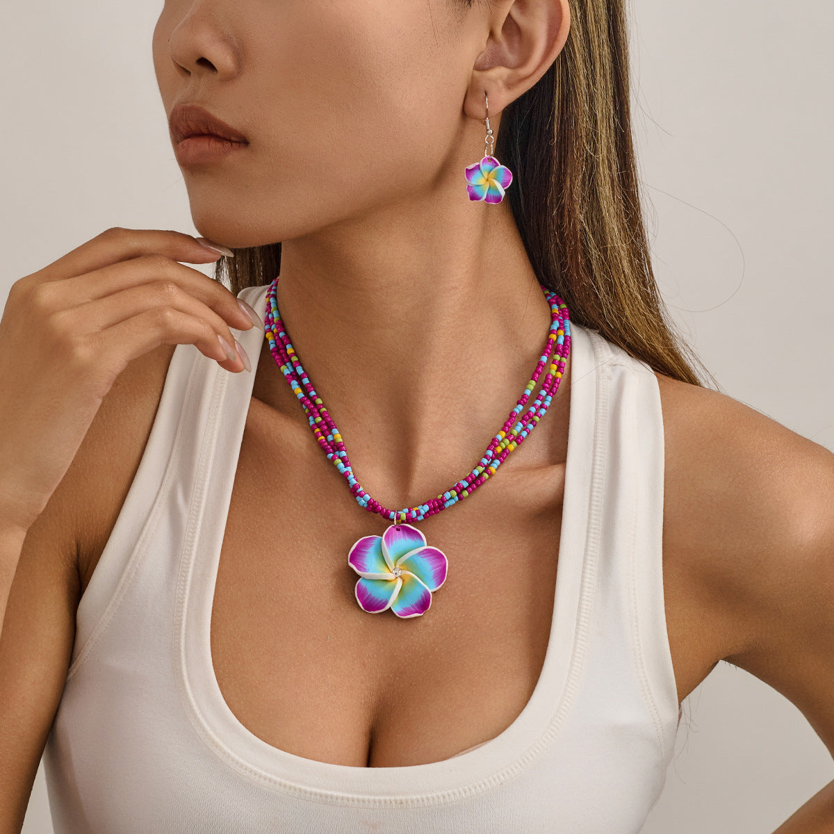 Wholesale Handmade Bohemian Soft Clay Flower Jewelry Set With Seed Beads Earrings And Necklace Vacation Fashion Accessory