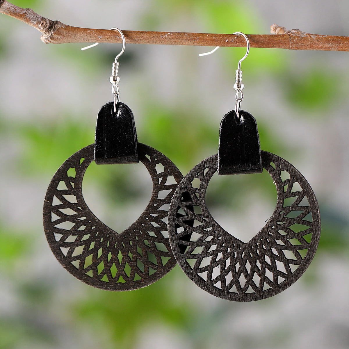 Wholesale Bohemian cut-out round drop earrings in wood PU leather panels reversible earrings