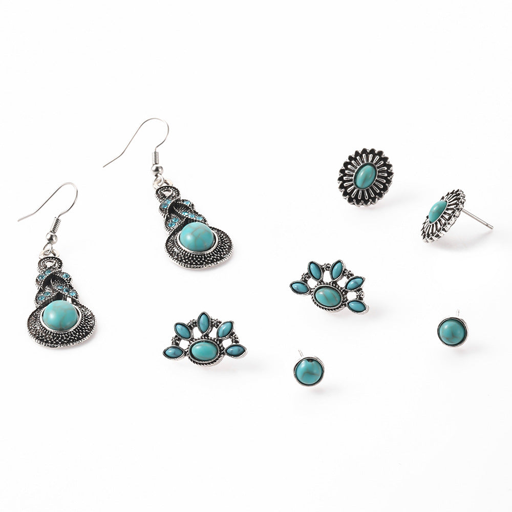 Wholesale Vintage Turquoise Earrings Set,  4 Pairs Alloy Electroplated Ear Studs &  Pendants,  Fashion Jewelry Accessory for Casual Daily Wear