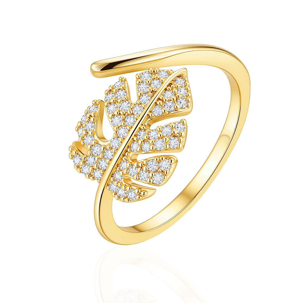 Wholesale Gold Plated Copper Open Ring With Zircon Leaf Design Trendy Women S Jewelry Accessory