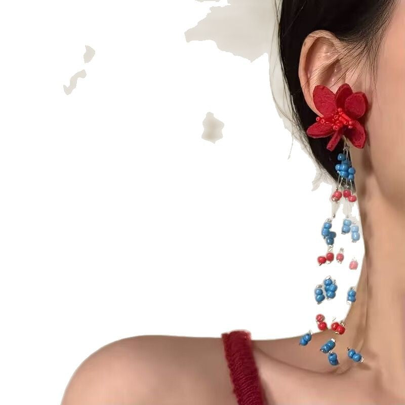 Wholesale Retro contrast color flower beaded long tassel earrings