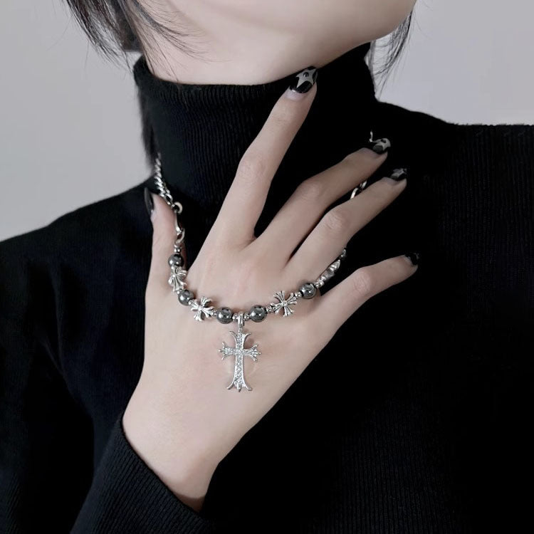Wholesale Titanium Steel  retro Gothic style black silver beaded cross necklace