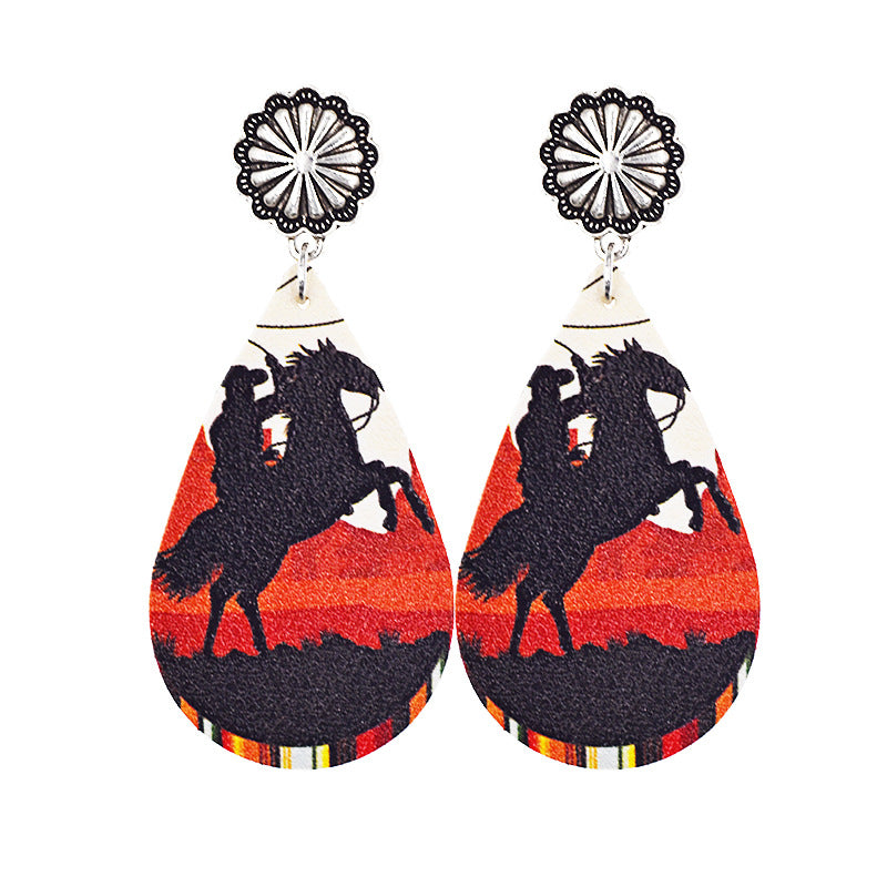 Wholesale Western Denim distressed style sunflower leopard leather earrings