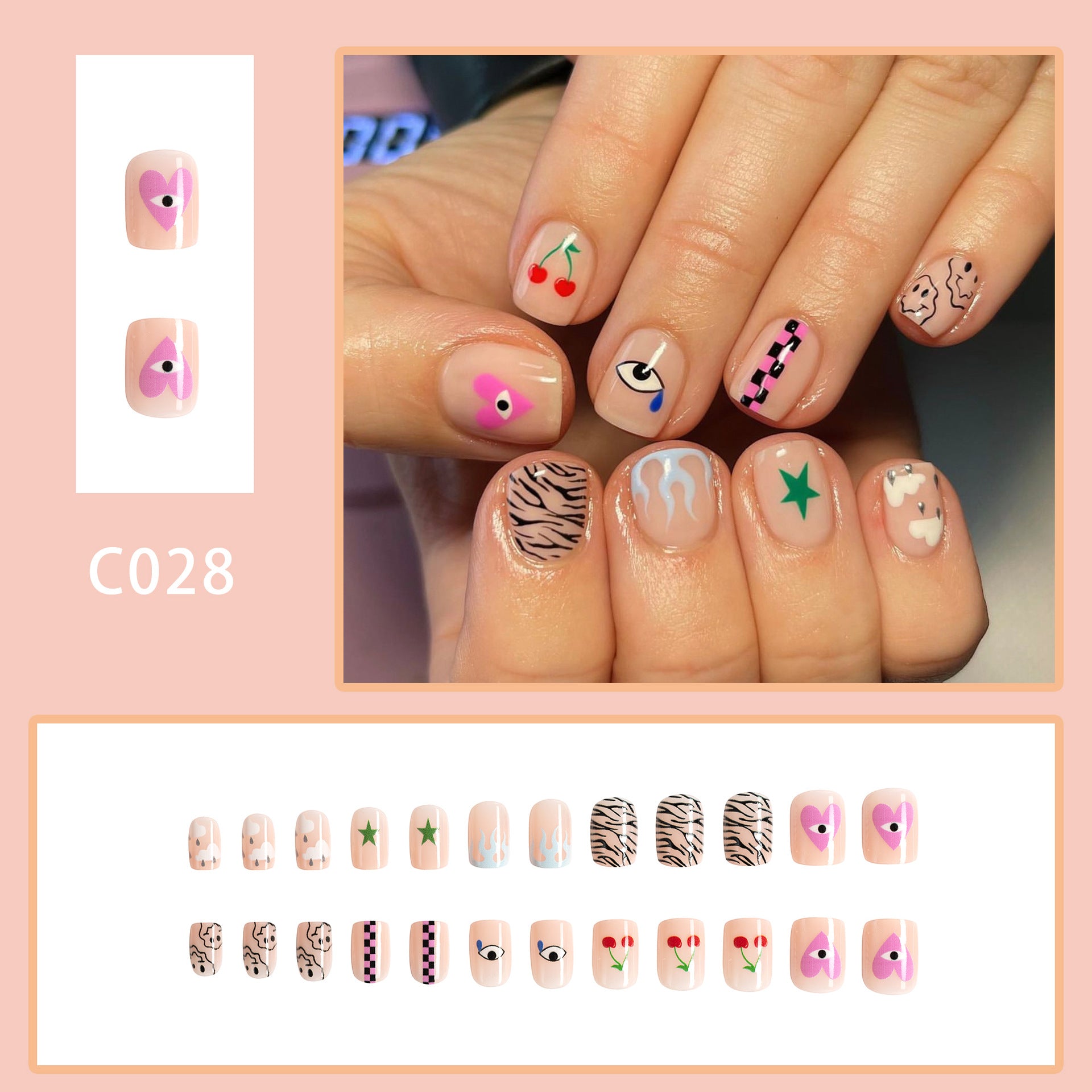 Wholesale 24 Pieces/box Short Glossy Eyes Tears Press-on Nails Kits Nail Stickers ACC-NS-GuaiXL094