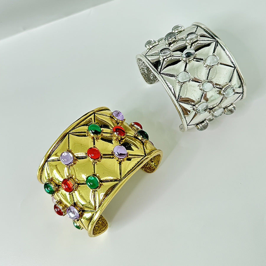 Wholesale  Old Diamond Plaid Color Gem Wide Bracelet