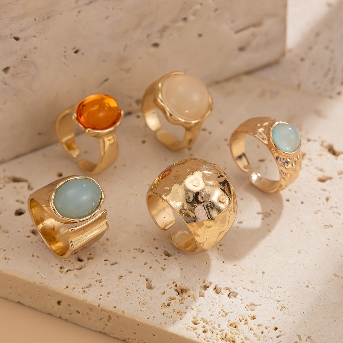 Wholesale Vintage Niche Knocking Pattern Open Ring Set - Alloy with Artificial Gemstone,  Fashion Jewelry Accessory for Women