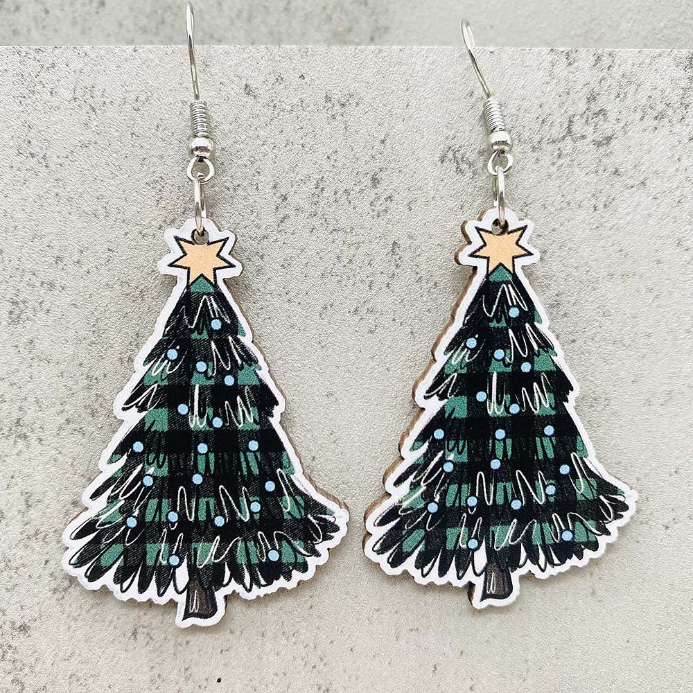 Wholesale Christmas Leopard Print Lights Christmas Tree Wood Earrings ACC-ES-ChenY086