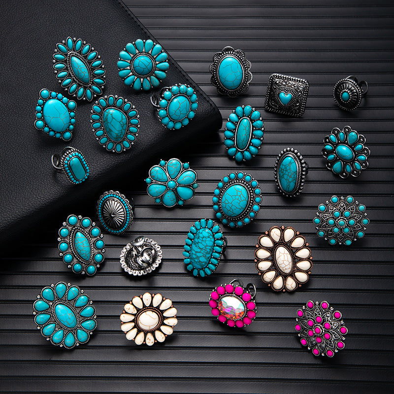 Wholesale Retro Bohemian Silver Flower Imitation Turquoise Ring - Fashion Accessory for Boutique Resale