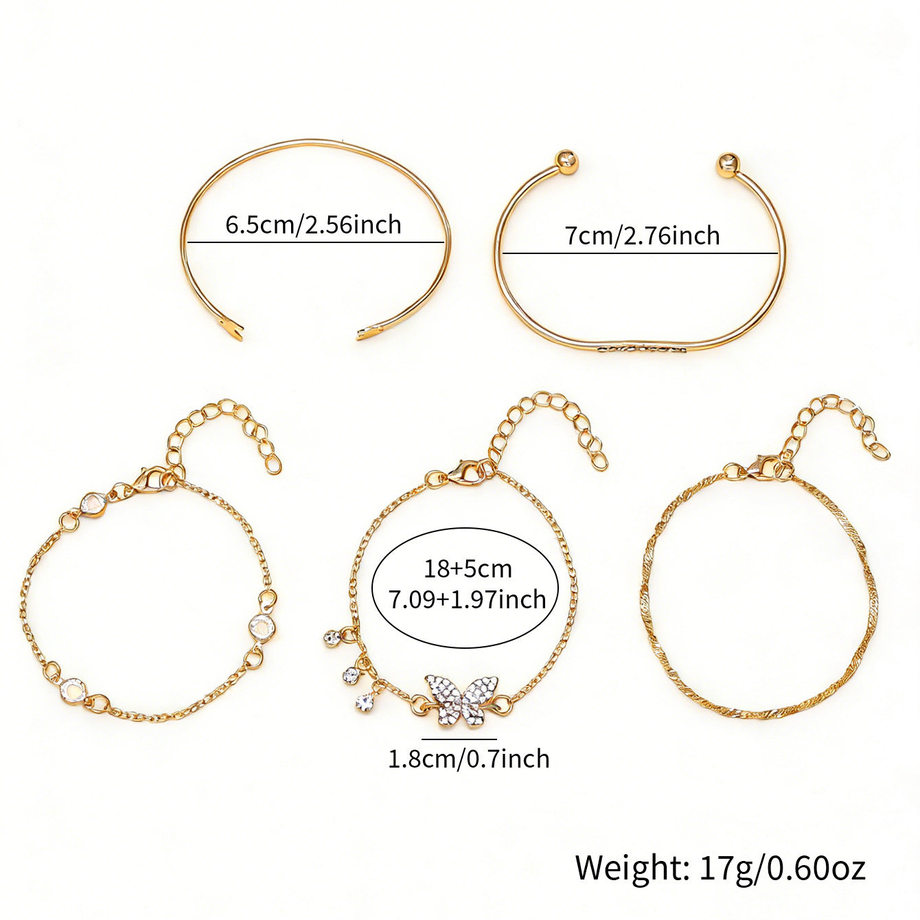 Wholesale Bohemian Butterfly Crystal Open Cuff Bracelet Set Gold Tone 5PCS Fashion Jewelry Boutique Resale Gift For Women