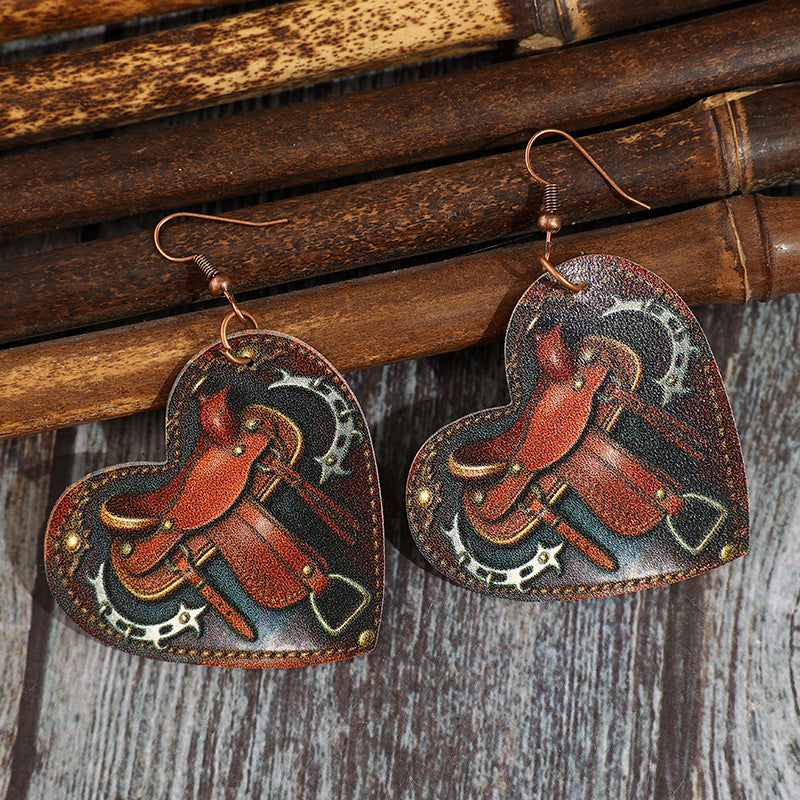 Wholesale Leather Retro Saddle Print Heart Earrings Western Style Fashion Accessory