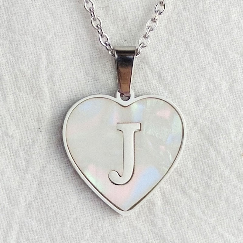 Wholesale 26 English Letters Heart Inlaid Shell Titanium Steel Necklace ACC-NE-DingChao002