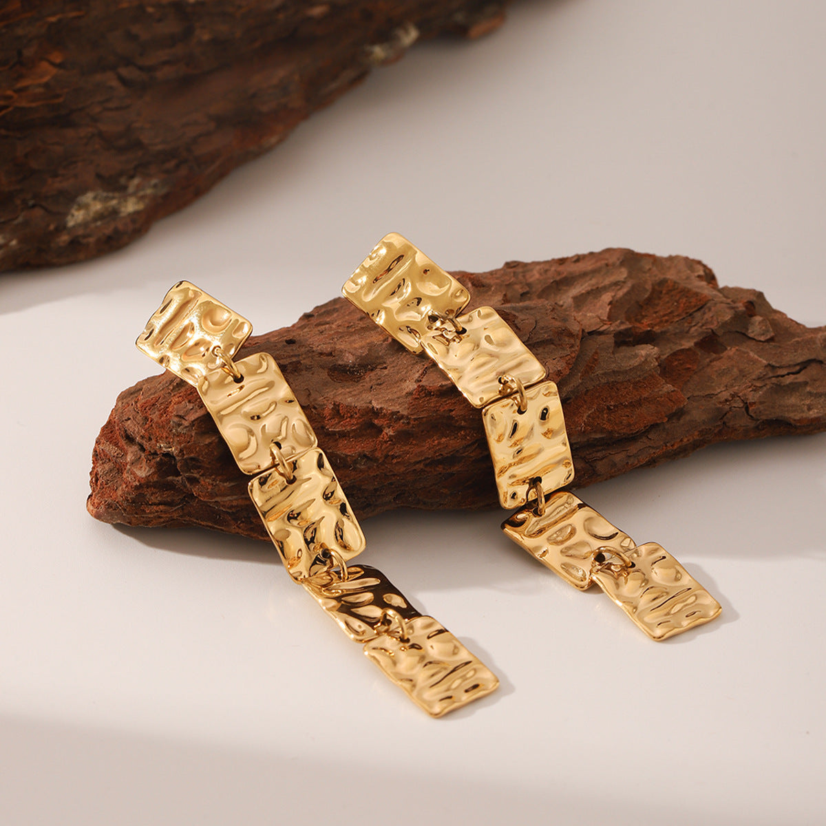 Wholesale  Stainless Steel 18K Gold Square Lava Pattern Long Tassel Earrings