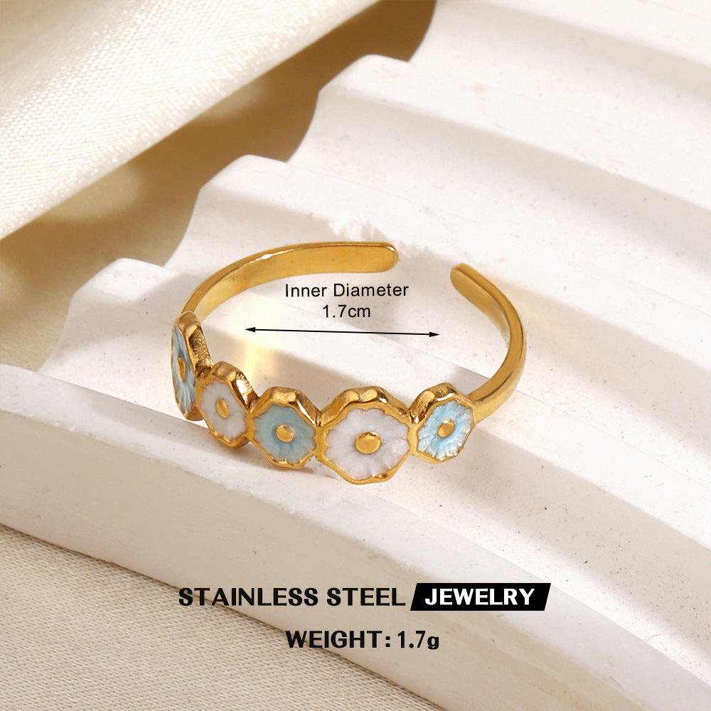 Wholesale Gold Plated Stainless Steel Colorful Enamel Floral Geometric Ring Trendy Fashion Accessory for Women