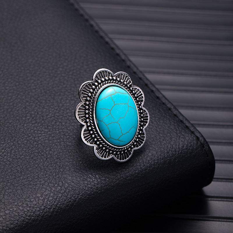 Wholesale Retro Bohemian Silver Flower Imitation Turquoise Ring - Fashion Accessory for Boutique Resale