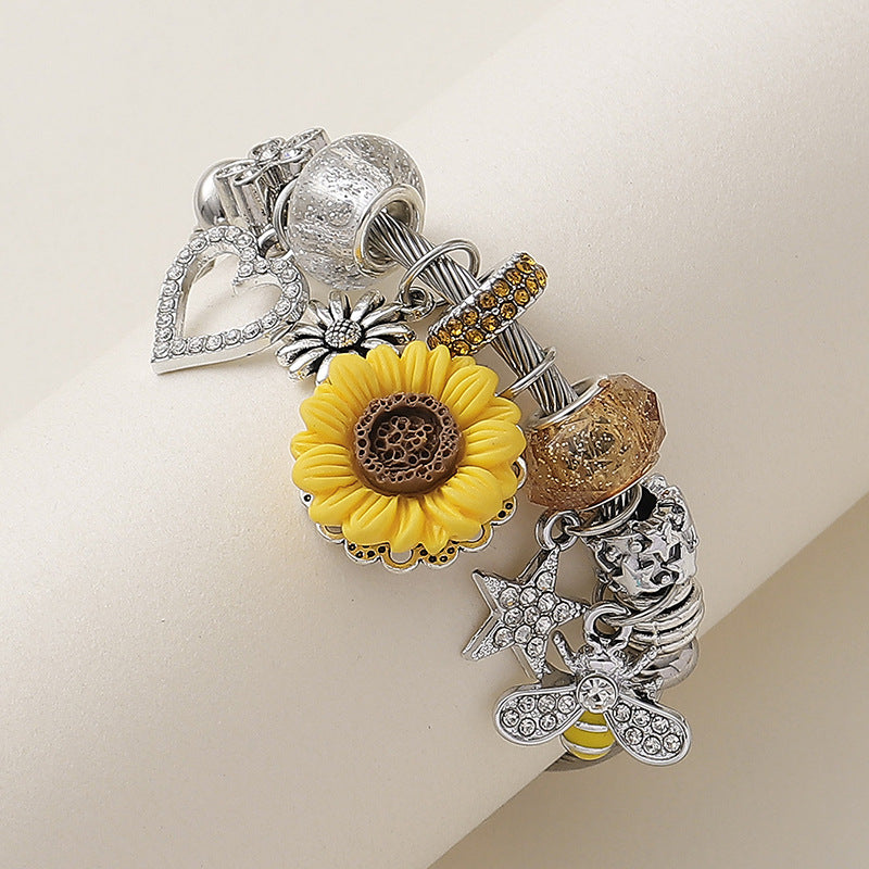 Wholesale  resin sunflower full diamond hollow love DIY beaded  opening bracelet