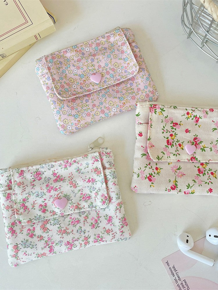 Wholesale Korean Style Flower Pattern Card Holder Wallet Double Layer Large Capacity Beige Polyester Stylish Women S Everyday Accessory Gift Resale