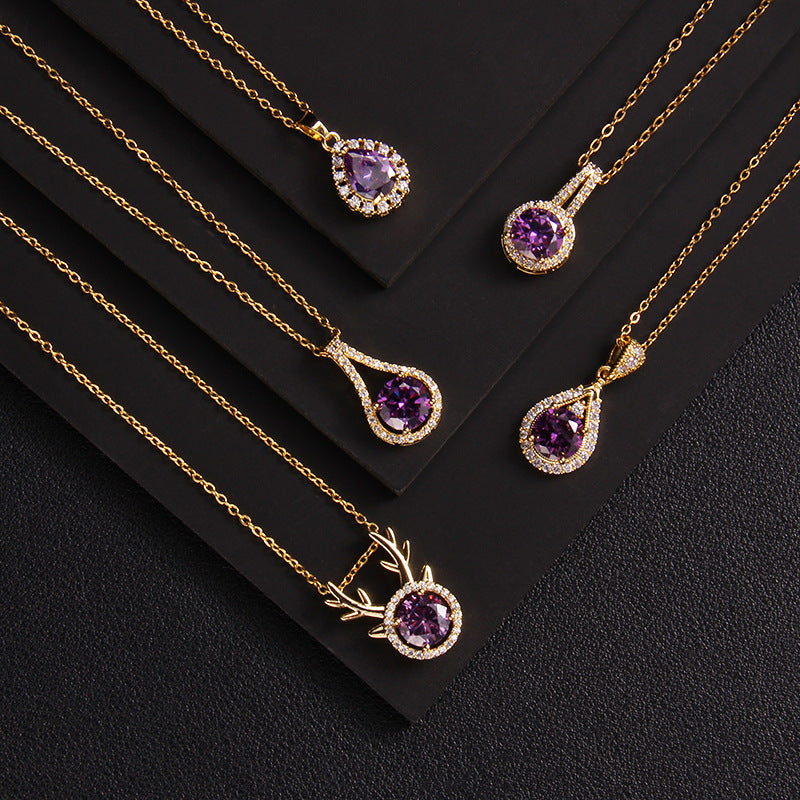 Wholesale Purple Zircon Necklace Love Purple Qi Donglai Pendant Heart Necklace ACC-NE-Rongc010
