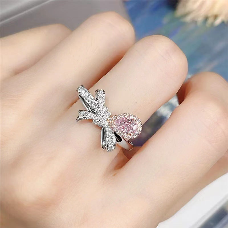 Wholesale Light Luxury Pink Micro-inlaid  Full Diamond Zircon Bow Water Drops Rings