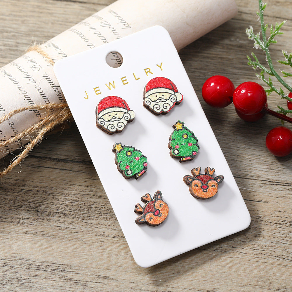 Wholesale Cartoon Christmas Tree Old Man Elk Wooden Earrings Set ACC-ES-MT003