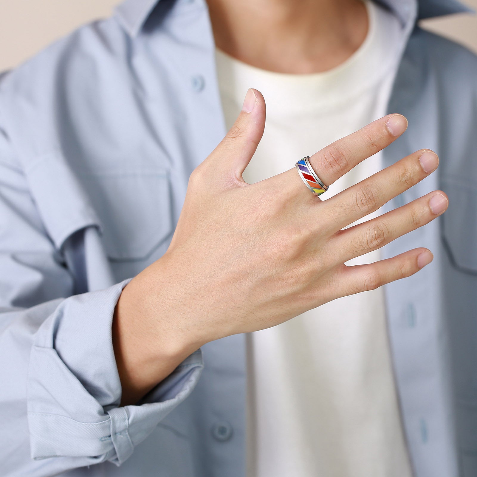 Wholesale Titanium Steel Men's Rainbow Ring Stainless Steel Rotatable Ring ACC-RS-QuanXishui001