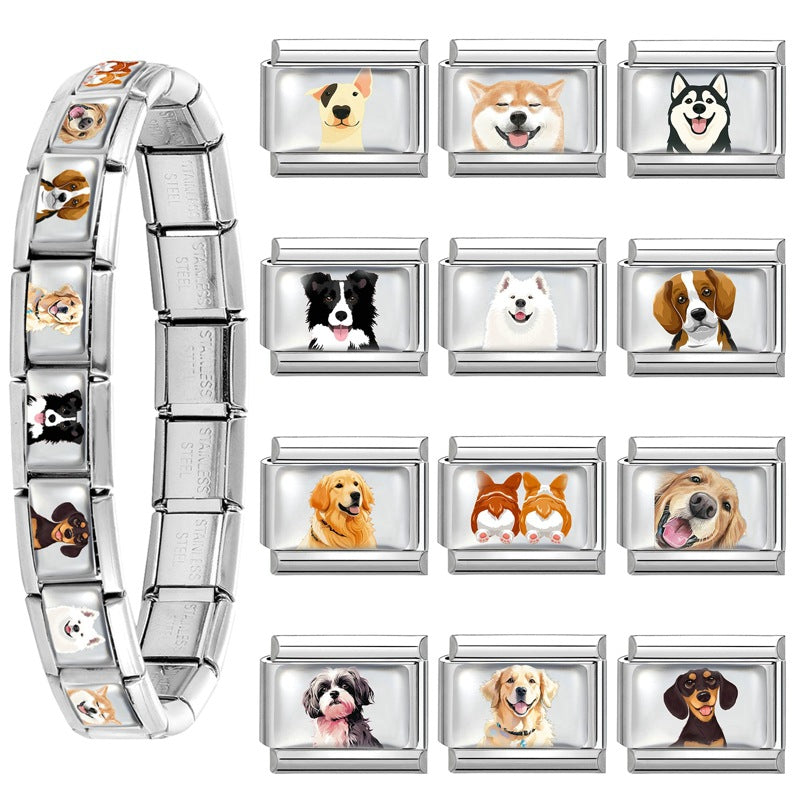 Wholesale Dog Italian Charms DIY square Single Section Creative Stainless Steel Composable Bracelet