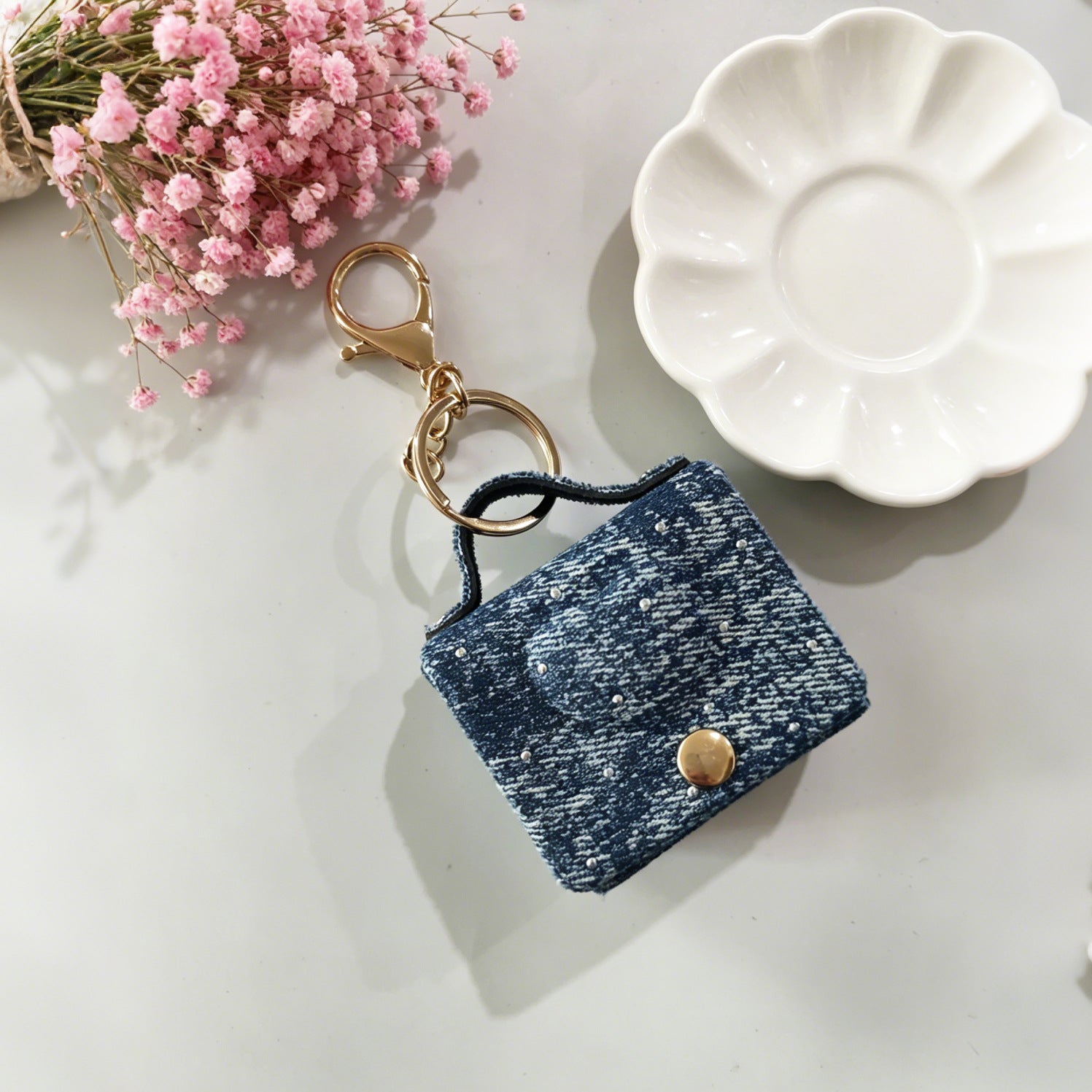 Wholesale Korean Style Denim Polka Dot Heart Earphone Case Cloth Pendant - Everyday Accessory