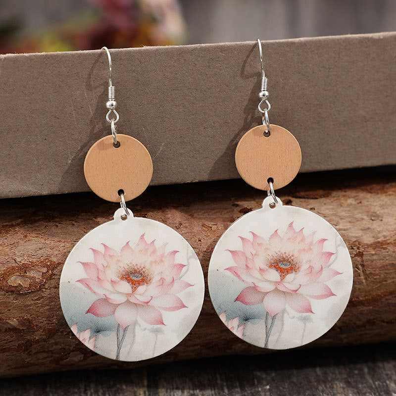 Wholesale Round stitching printed flower vintage acrylic earrings
