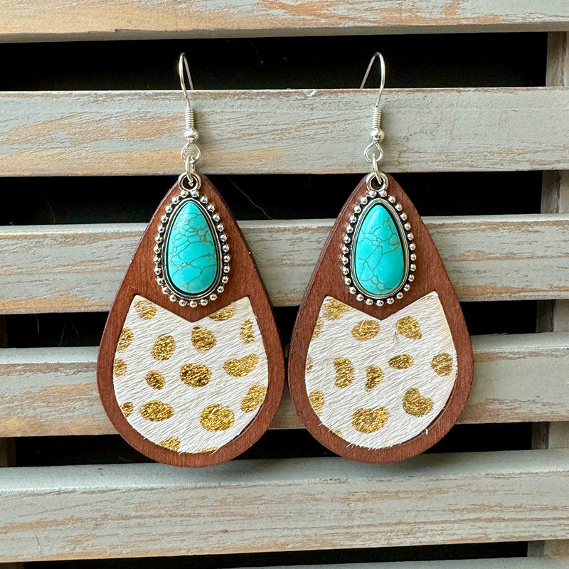 Wholesale Western Style Genuine Leather Leopard Print Embossed Cow Print Droplet Shaped Earrings ACC-ES-XinChuan005