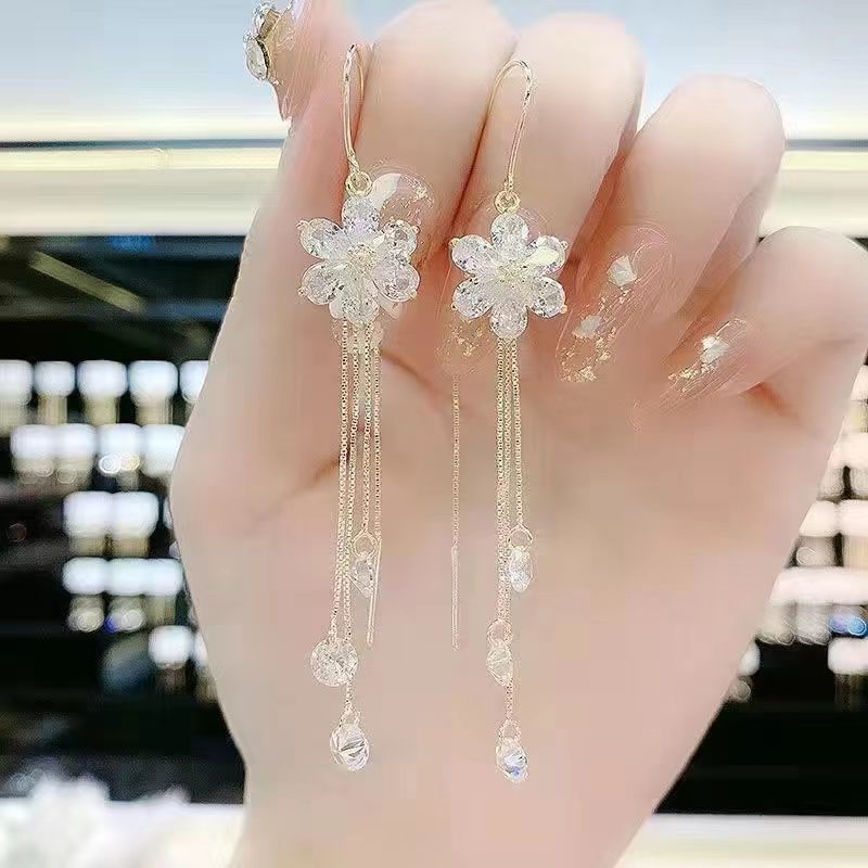 Wholesale White Zircon Flower Earrings Five-petal Flower Tassel Flower Earrings ACC-ES-Huzhe007