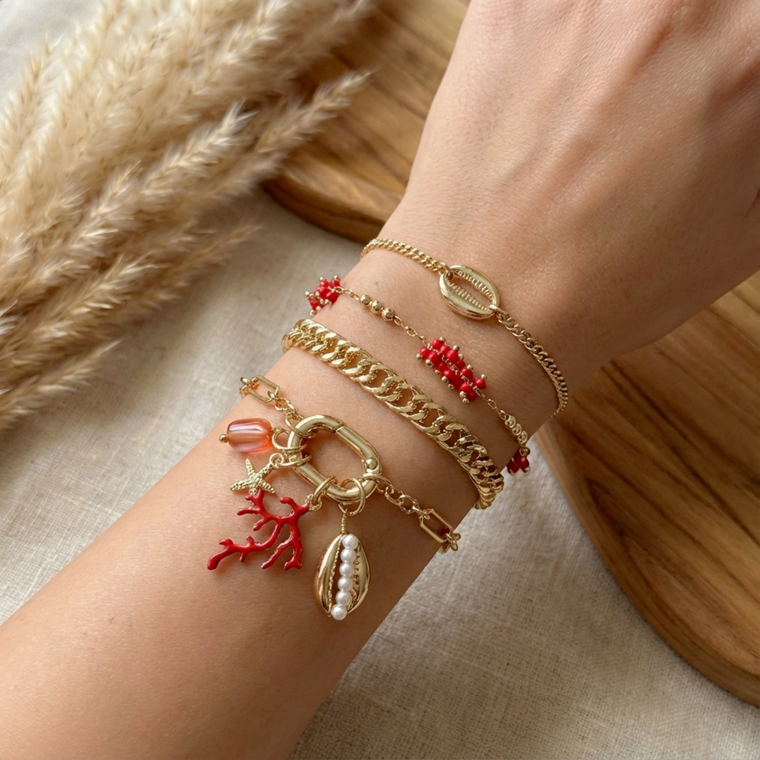 Wholesale Bohemian Beach Style Starfish Coral Geometric Pendant Bracelet Set Alloy Electroplated Jewelry For Women Travel Souvenir Gift