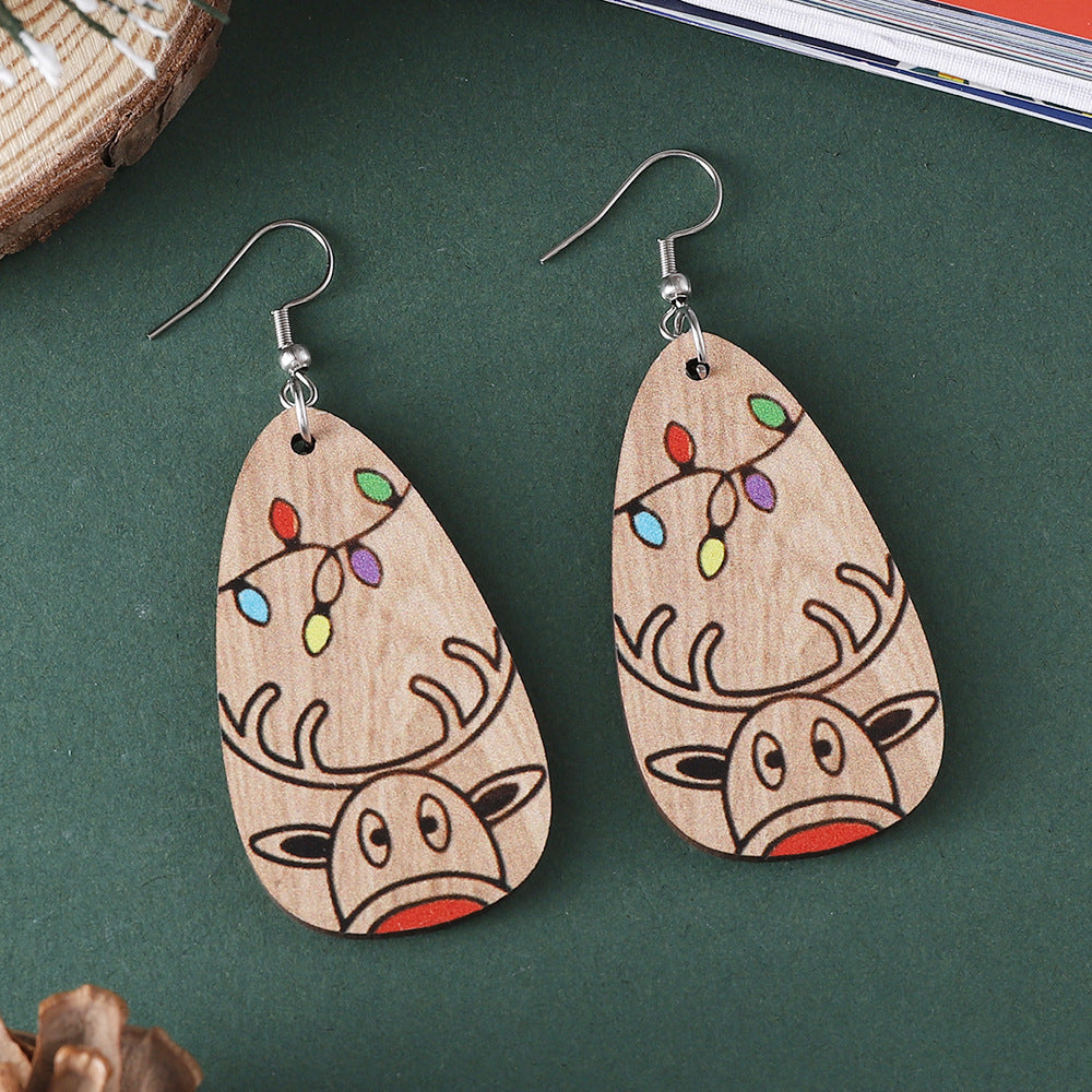 Wholesale Christmas Winter Elk Geometric Pendant Wooden  Earrings