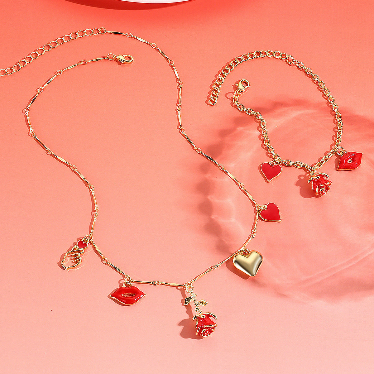 Wholesale Beaded Heart-shaped Rose Love Couple Valentine's Day Necklace