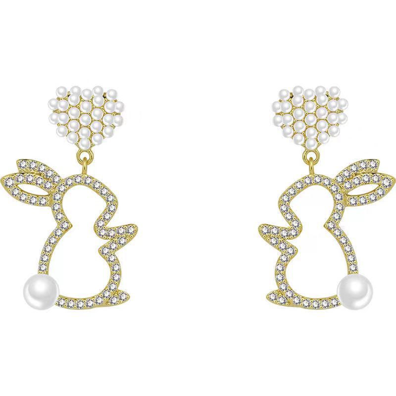 Wholesale Silver Needle Diamond Cute Bunny Easter Earrings