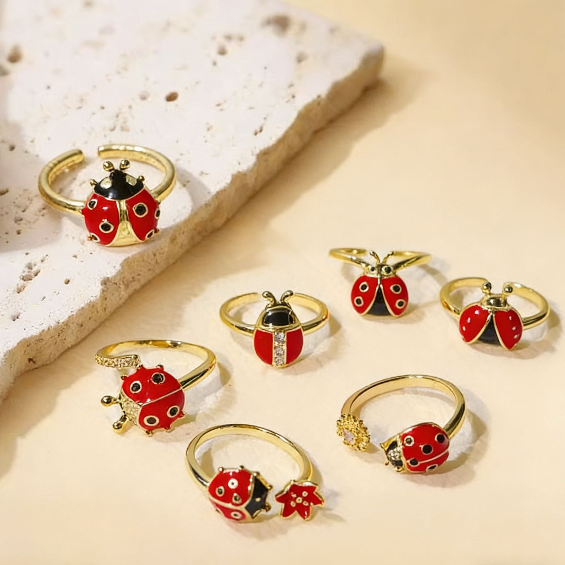 Wholesale Colorful Enamel Ladybug Ring Adjustable Open Insect Design Jewelry Accessory for Everyday Wear
