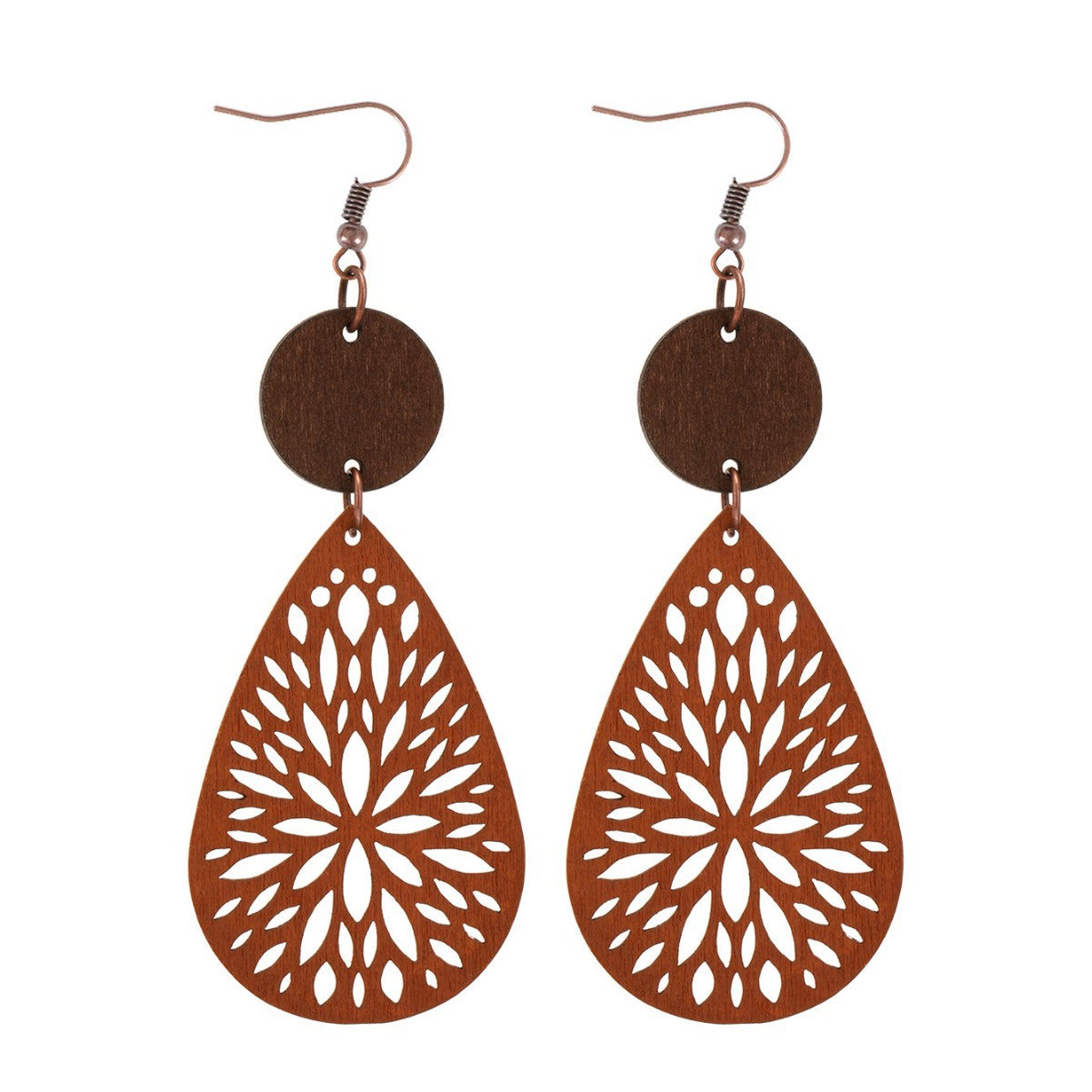 Wholesale Bohemian Style Vacation Vintage Hollow Water Drop Wooden Round Pieces Leather Earrings