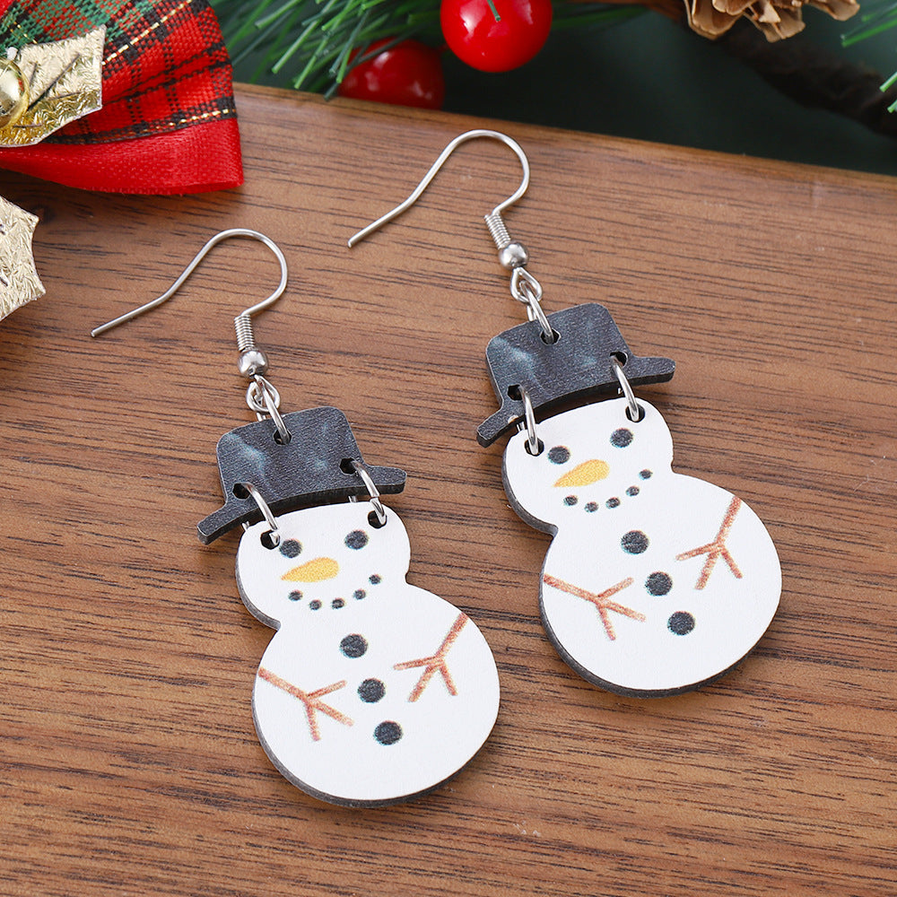 Wholesale Christmas winter snowman hat splicing pendant earrings wooden double-sided cute earrings