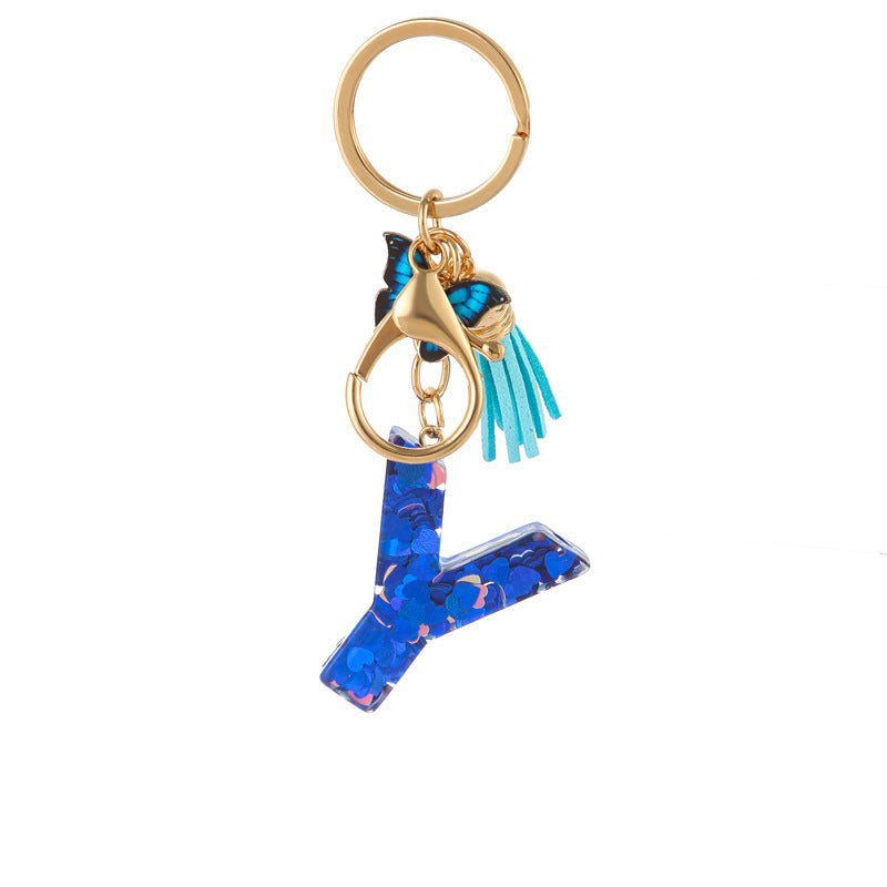 Wholesale Resin blue heart butterfly letter keychain