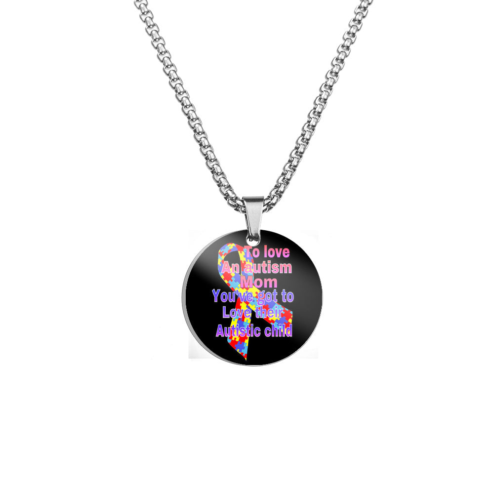 Wholesale Autism MOM Puzzle Color Printed Pendant Stainless Steel Necklace Mother's Day ACC-NE-HuanYu004