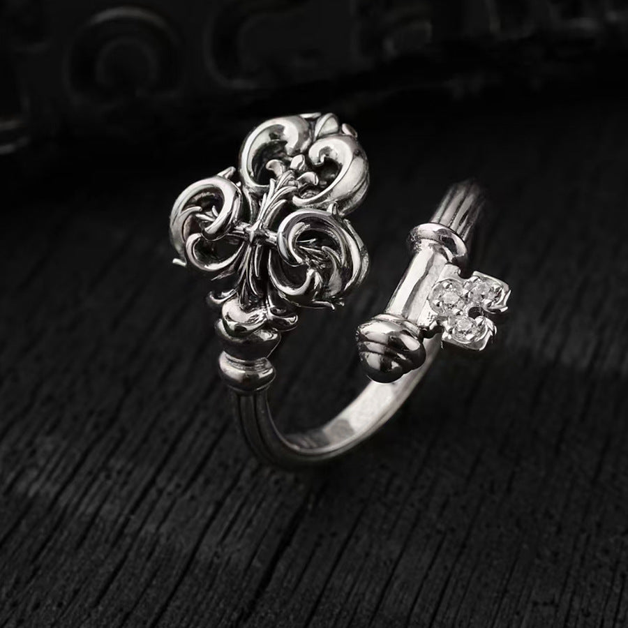 Wholesale Zinc Alloy Electroplated Vintage Petal Key and Cross Design Open Ring Trendy Jewelry Accessory for Gift and Resale