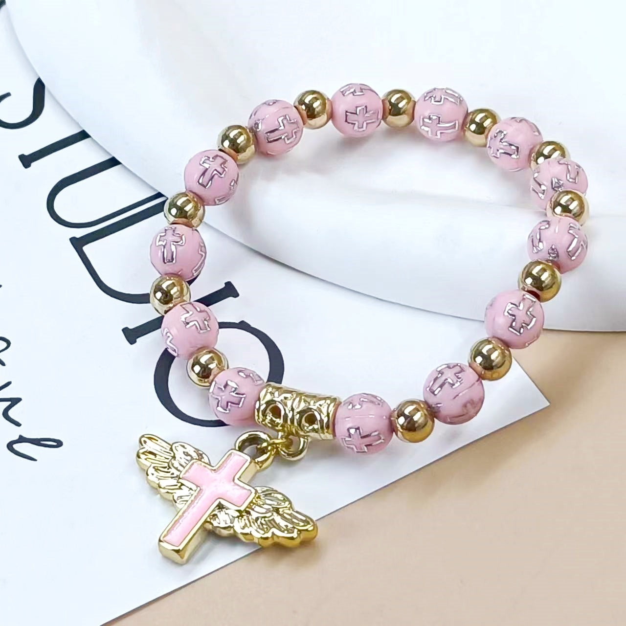 Wholesale angel wings cross beaded bracelet
