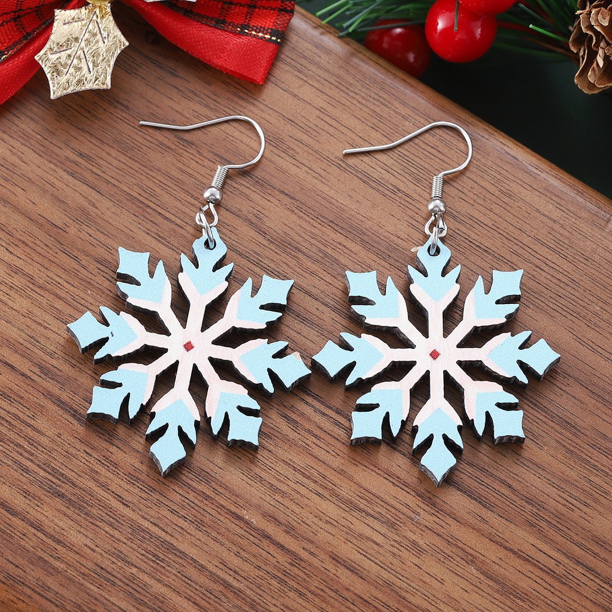 Wholesale Christmas gradient hollow snowflake pendant earrings wooden double-sided earrings