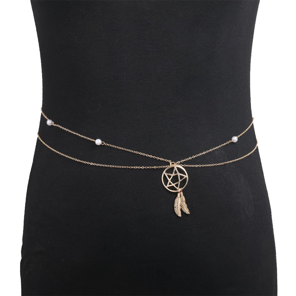 Wholesale  summer waist chain  pearl chain hollow five-pointed star feather alloy pendant waist ornaments