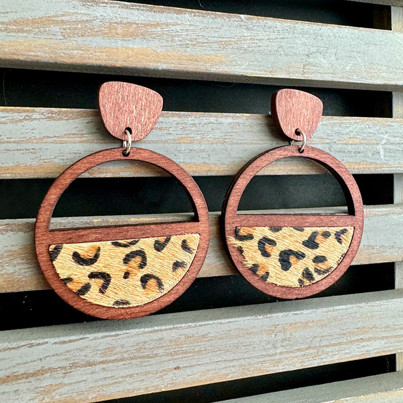 Wholesale  Western genuine leather earrings geometric stitching hollow inlaid leopard print earrings