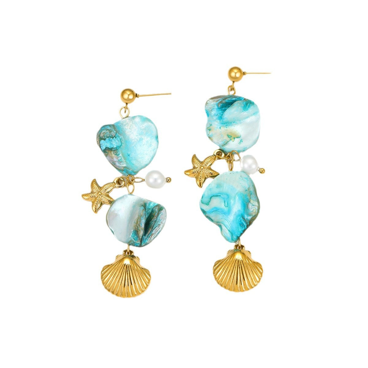 Wholesale Bohemian Beach Style Shell Starfish Stainless Steel Tassel Pearl Pendant Earrings