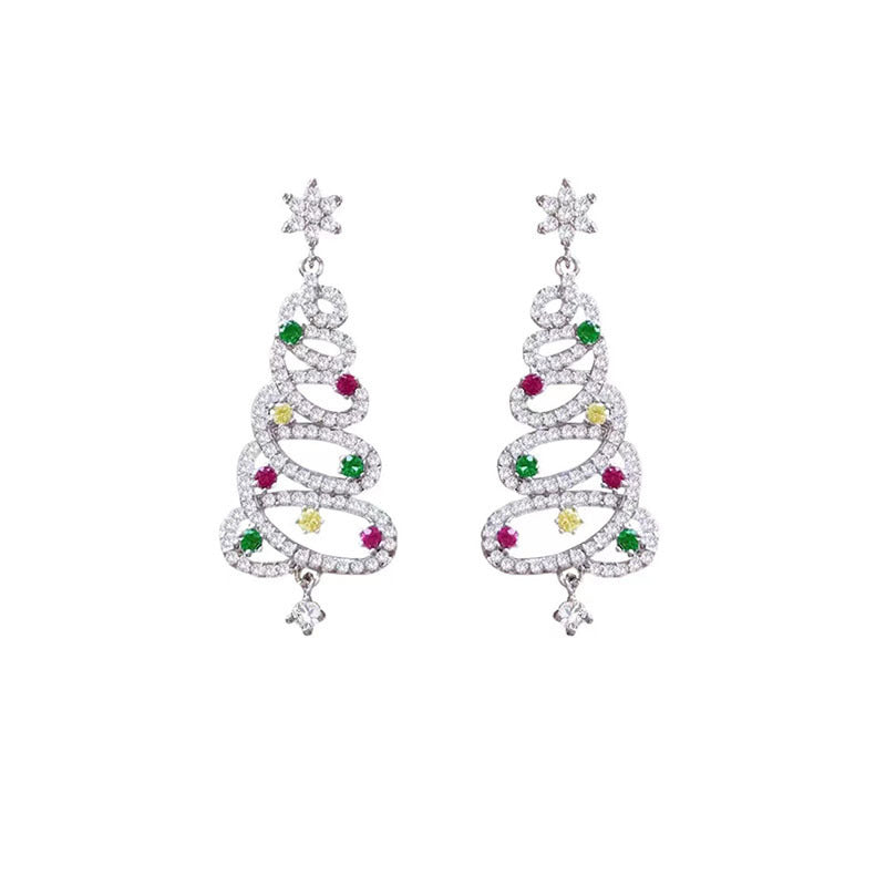 Wholesale Full diamond colorful zircon Christmas tree earrings
