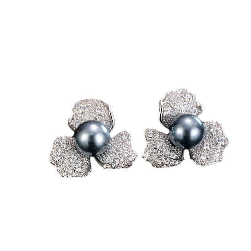 Wholesale full of diamond petals new fashion zircon  flower pearl earrings
