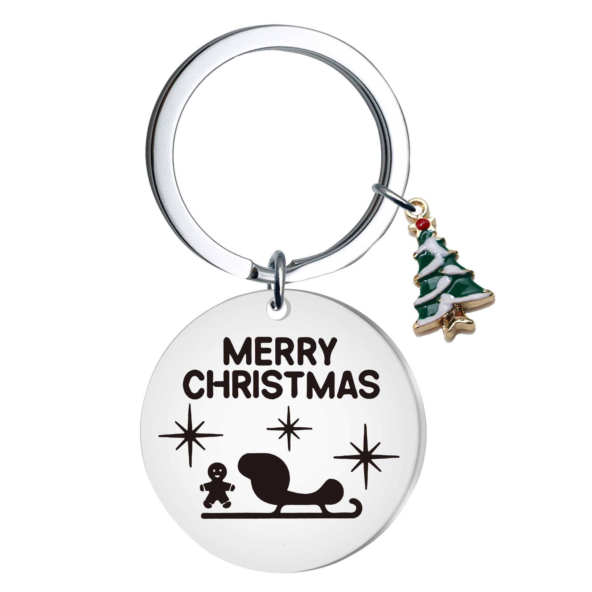 Wholesale Stainless Steel Christmas Tree Keychain Engraved Round Pendant For Car Key And Bag Holiday Gift