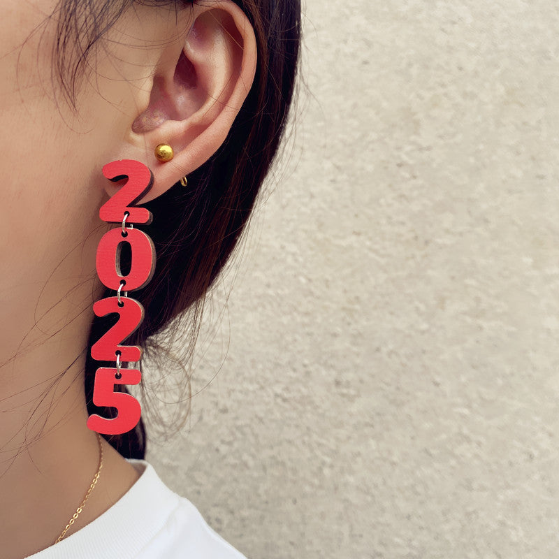 Wholesale New Year Wooden Digital Long Letter Stitching Earrings  ACC-ES-CT042