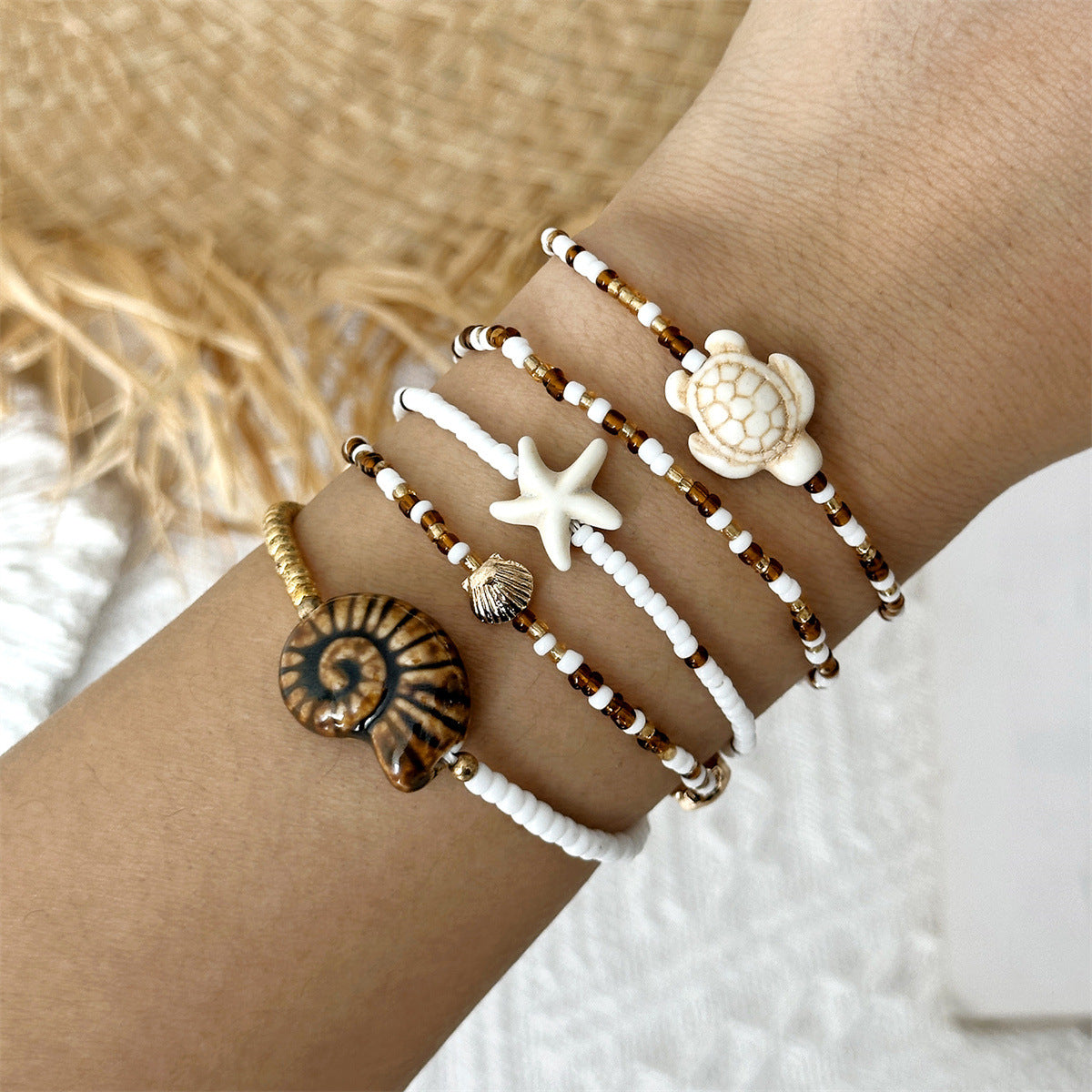 Wholesale Bohemian Beach Bracelet Set For Women Summer Vacation Starfish Shell Turtle Glass Seed Beads Handmade Fashion Accessory