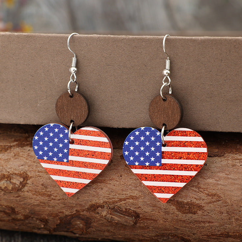 Wholesale Heart Print American Flag Stitching Small Wood Pieces Acrylic Earrings